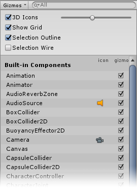 Unity場景視圖和游戲視圖窗口頂部的Gizmos菜單